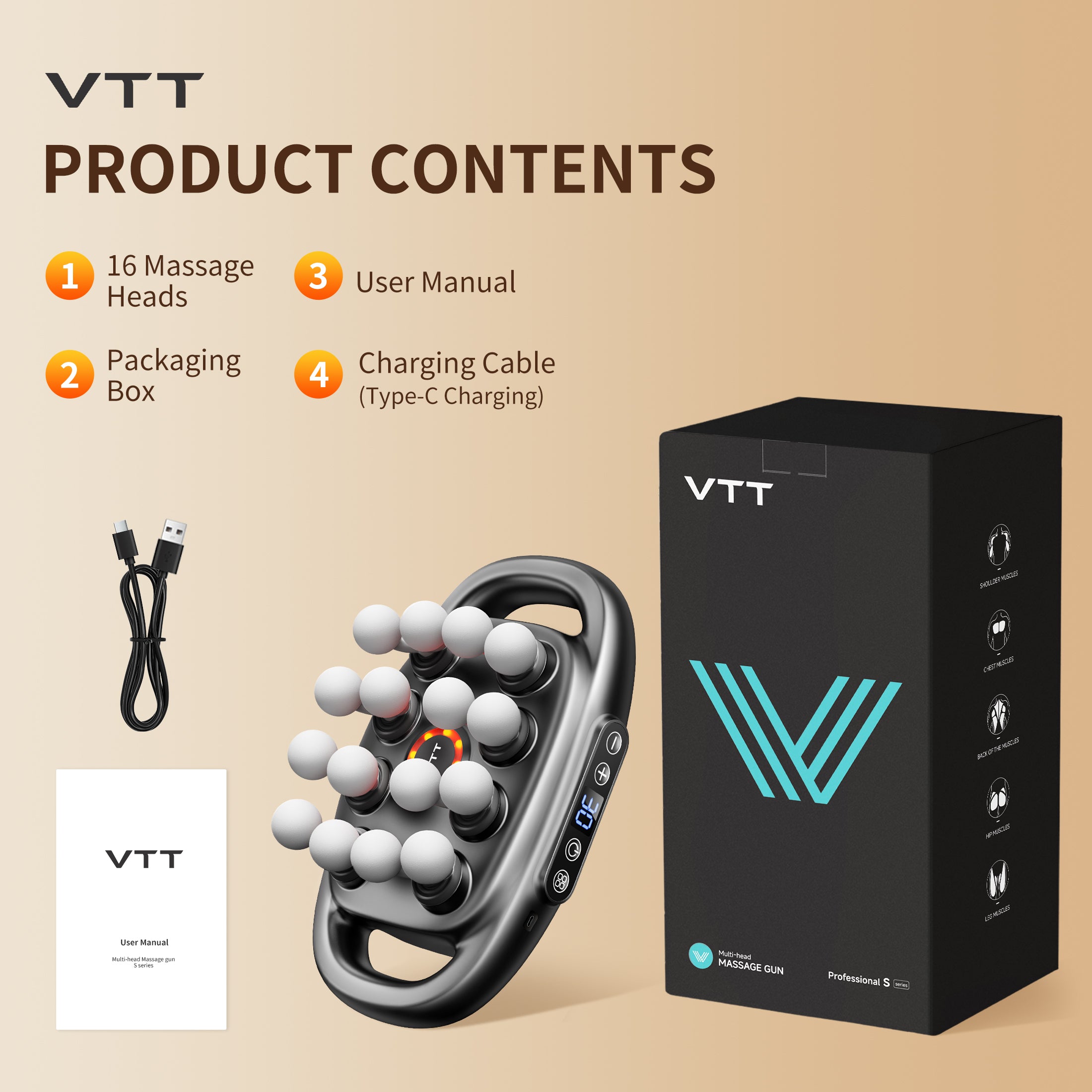 VTT 16 Head Massage Gun Pro, Deep Tissue Percussion Massager for Full Body Muscle Pain Relief, Workout Recovery